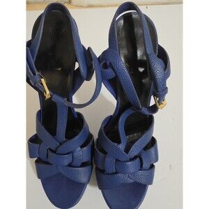 Yves Saint Laurent Platform Tribute Pumps Blue Leather Size 38